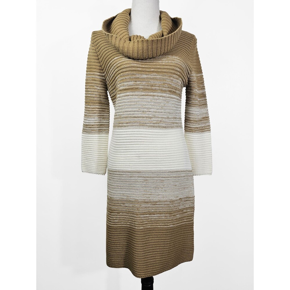 London Times Sweater Dress Size Med Women's Tan Striped Cowl Neck 3/4 Sleeves